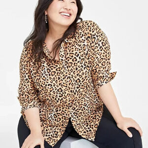 On 34th Created for Macy's Leopard Print Button-Front Crepe Shirt in Size 3X